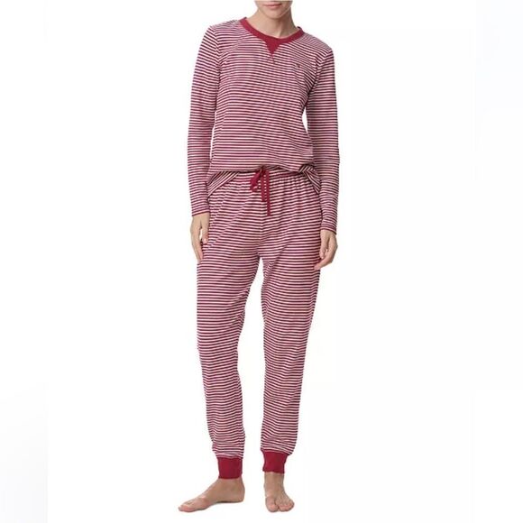 Tommy Hilfiger XL Deep Red White Stripes Thermal Crew Top & Jogger PJ Gift Set - Picture 1 of 9